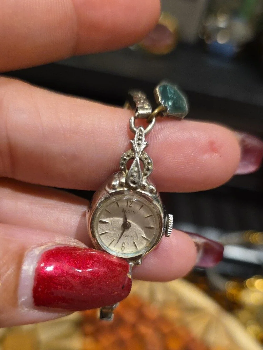 Vintage Silver-Tone Ladies Bracelet Watch with Teal Charm( Works)